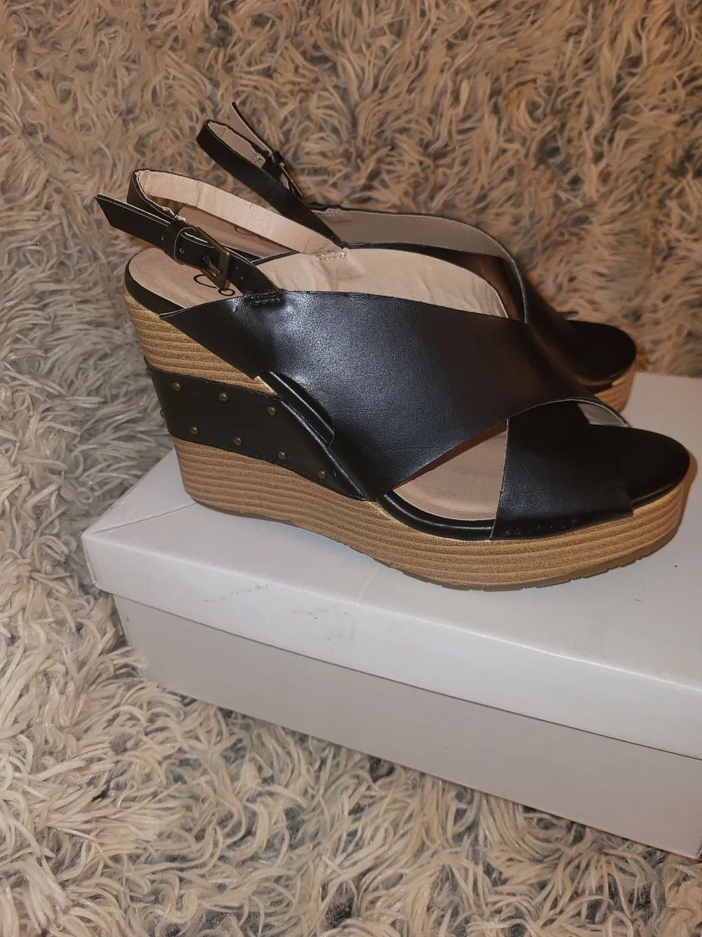 Coconuts by Matisse Black Crisscross Wedge Sandals with Tan Platform
